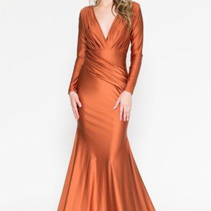BURNT ORANGE PROM PARTY EVENING LONG SLEVES MERMAID LONG SATIN DRESS ac381